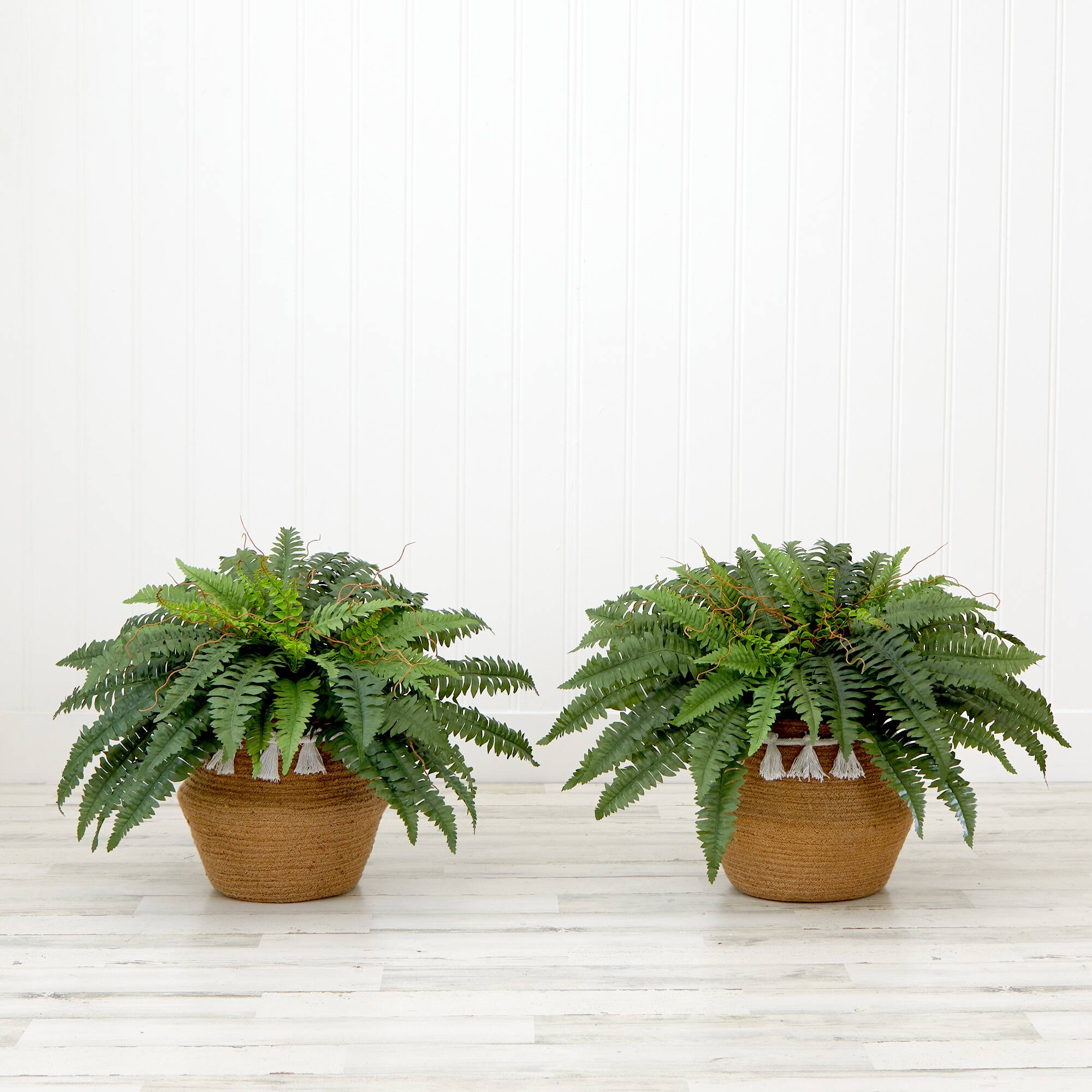 23" Artificial Boston Fern Plant with Handmade Jute & Cotton Basket with Tassels